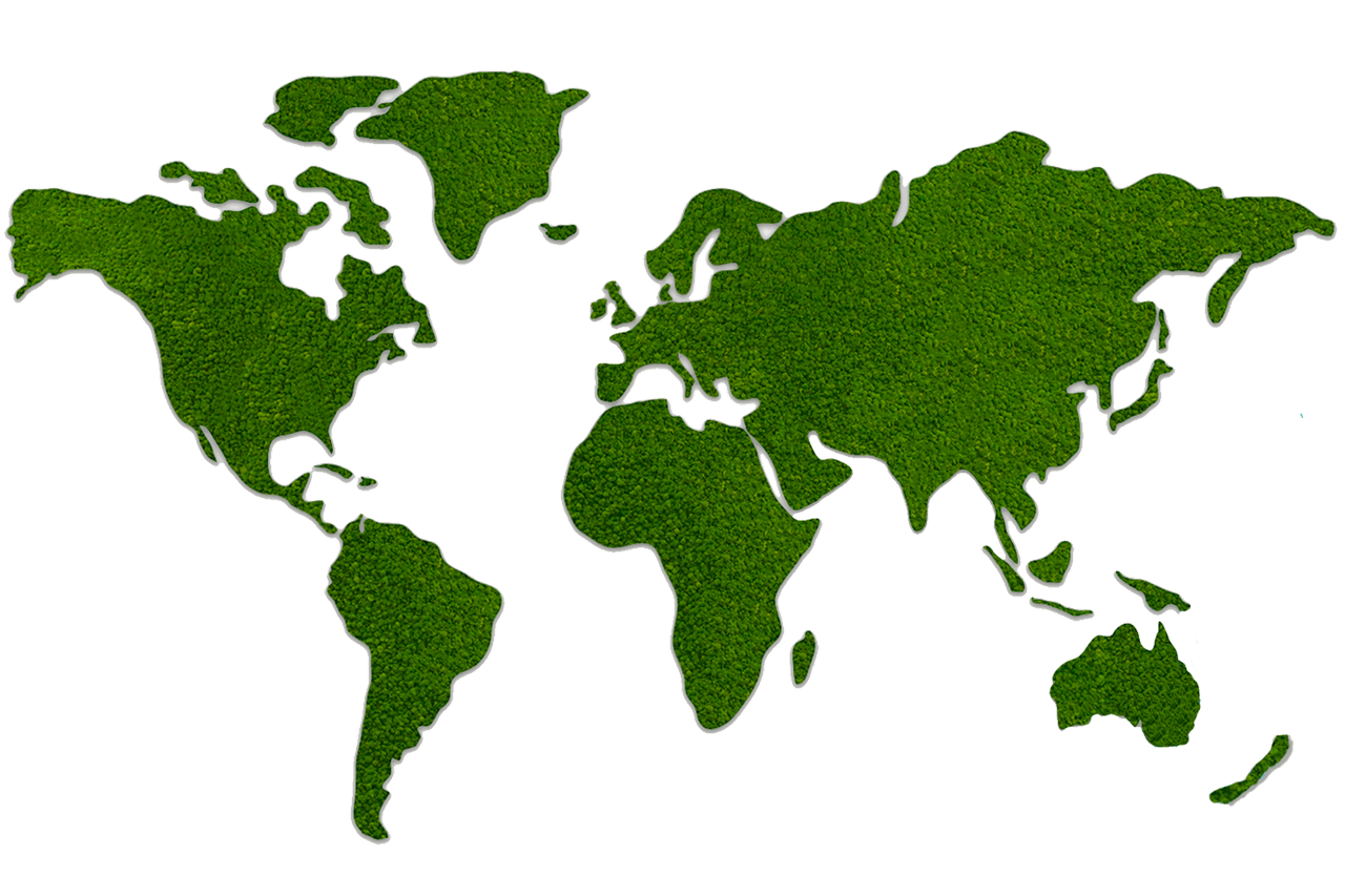 A green grass-textured map of the world, showcasing the continents in a vibrant, eco-friendly design.