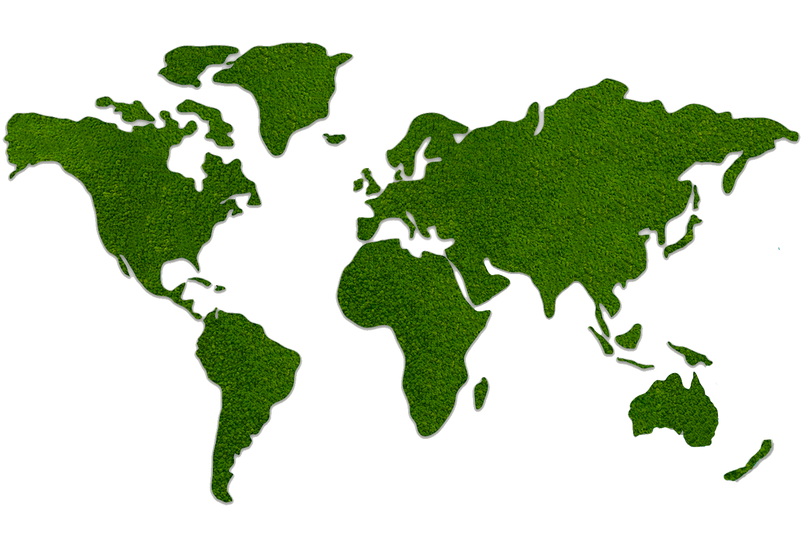 A green grass-textured map of the world, showcasing the continents in a vibrant, eco-friendly design.