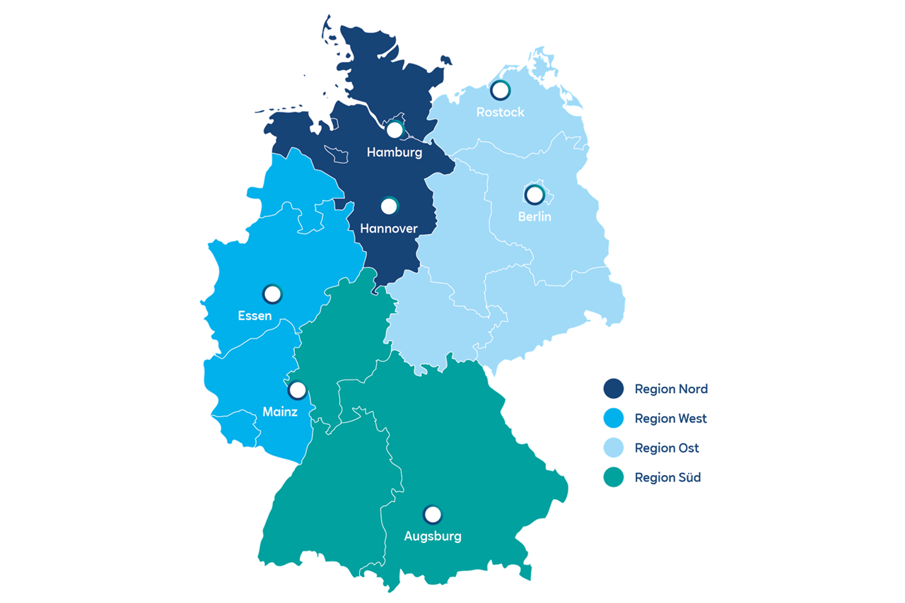 Eine farbcodierte Karte von Deutschland, die die Regionen Nord, West, Ost und Süd zeigt, mit markierten Großstädten.