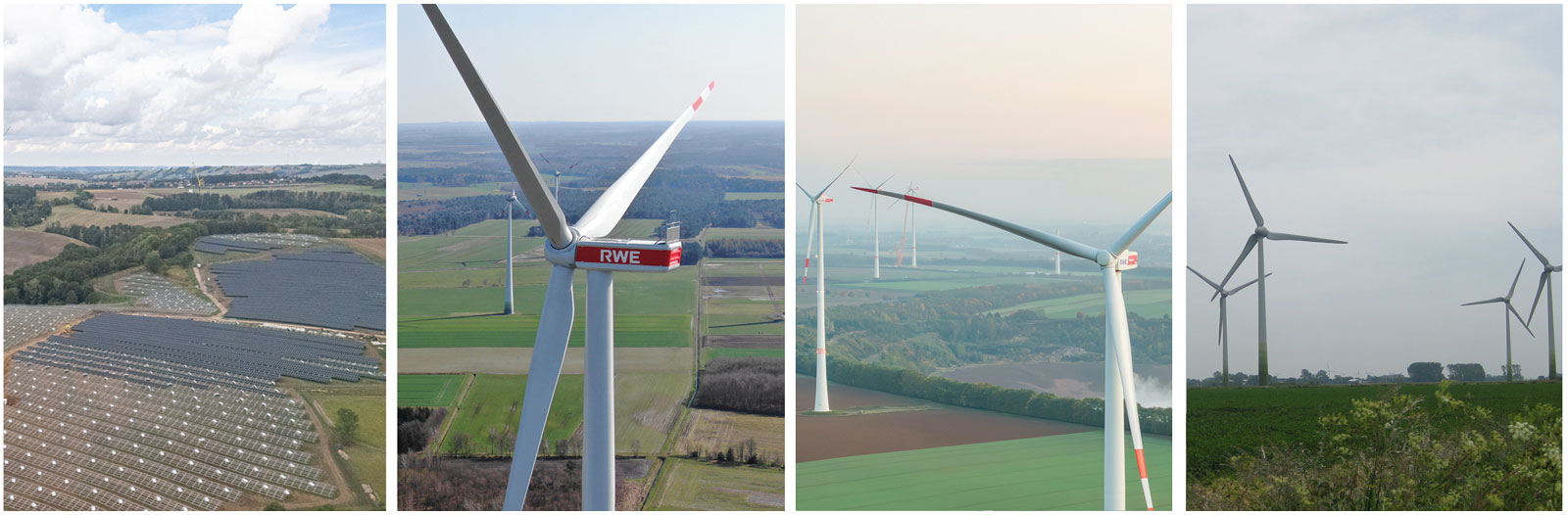 Vier nebeneinander angeordnete Landschaftsaufnahmen zeigen links glänzende Solarpaneele auf grünen Feldern und rechts weiße Windkraftanlagen mit rotem Naben-Schriftzug „RWE“ am blauen Himmel.
