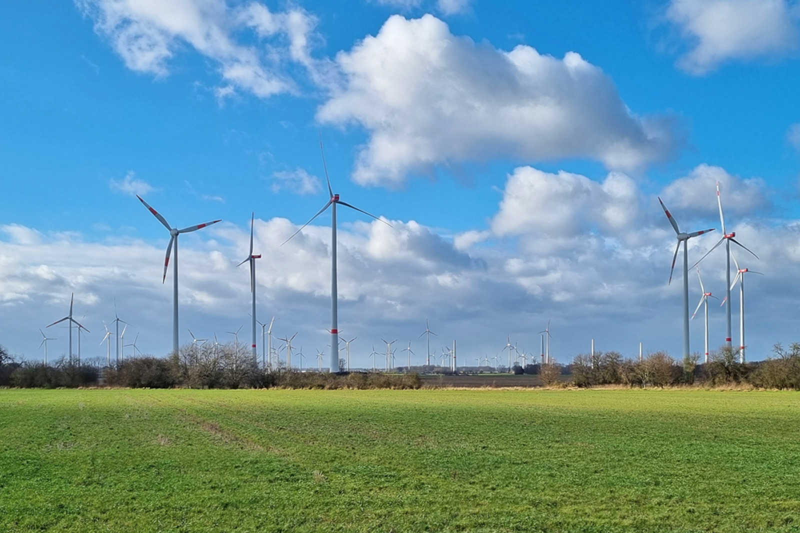 Ein Feld mit mehreren Windrädern unter einem hellblauen Himmel mit Wolken.