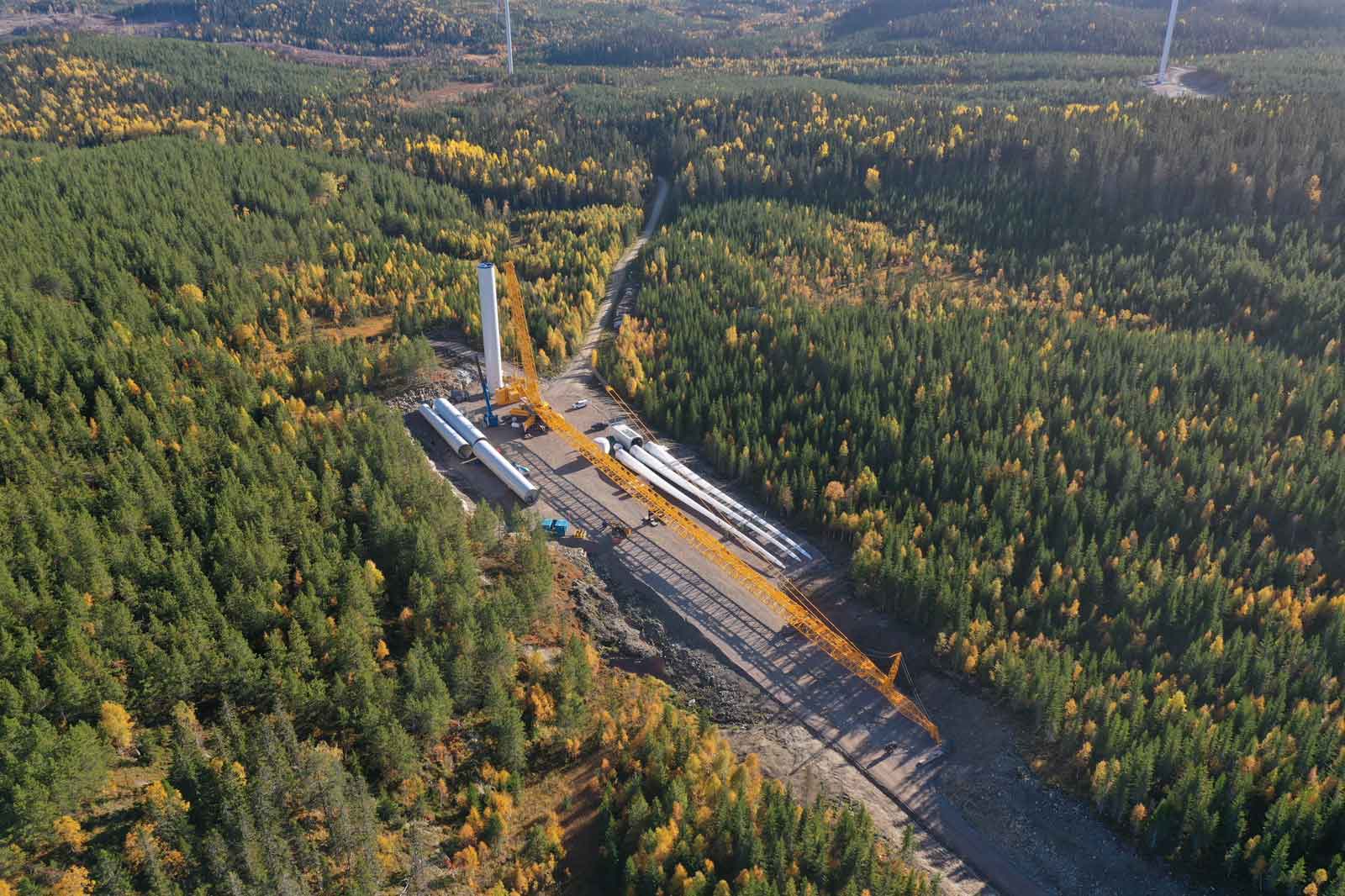 Ein Windpark von RWE im Bau in einem Waldgebiet.