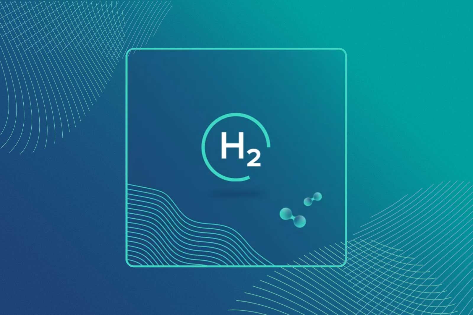 A blue-green graphic featuring the chemical symbol for hydrogen, H2, with abstract wave patterns in the background.