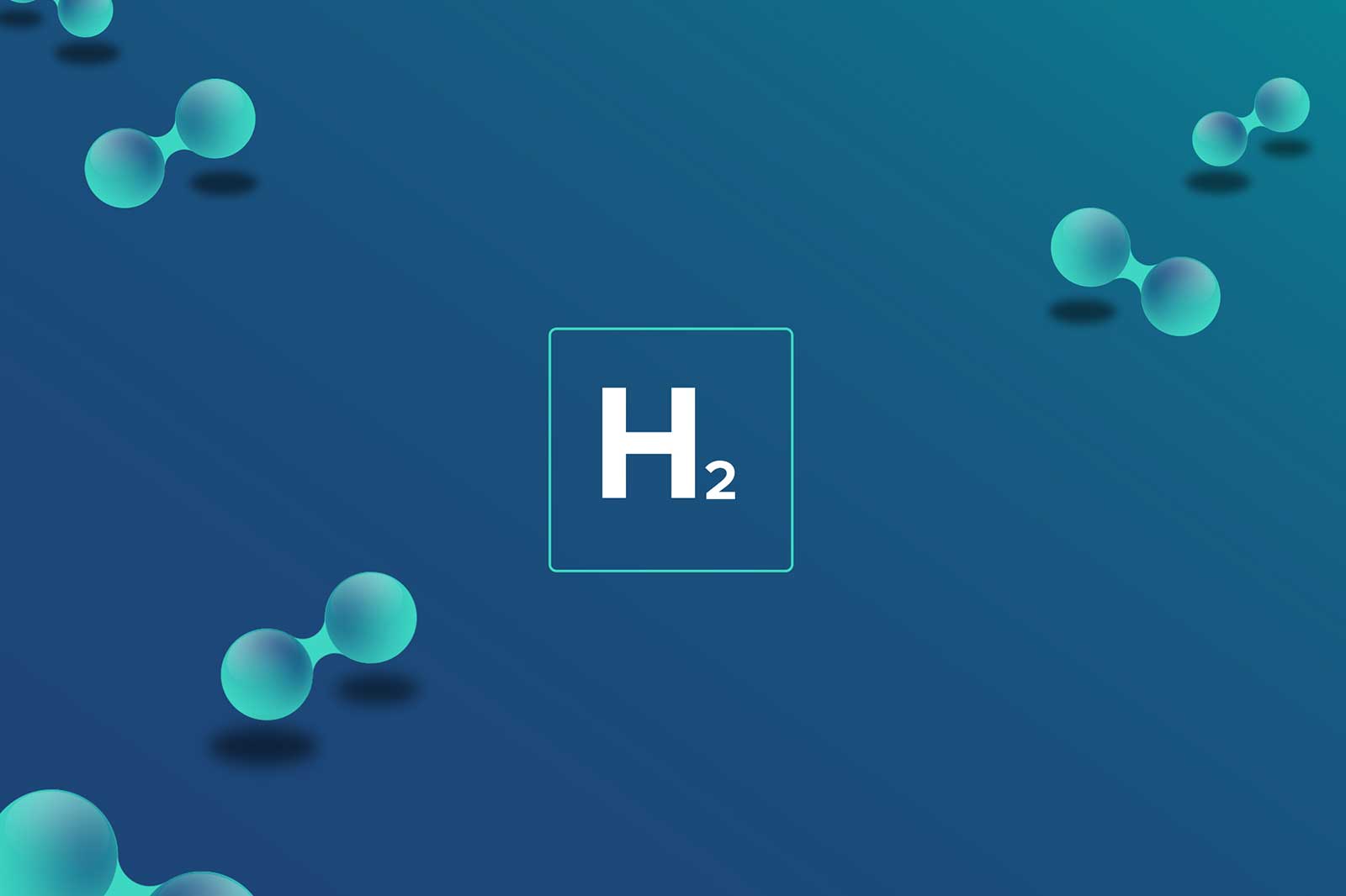 A stylised image of hydrogen molecules with the formula H2 in the centre, against a blue background.
