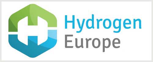 Logo von Hydrogen Europe mit einem grünen und blauen hexagonalen Design und dem Text 'Hydrogen Europe'.