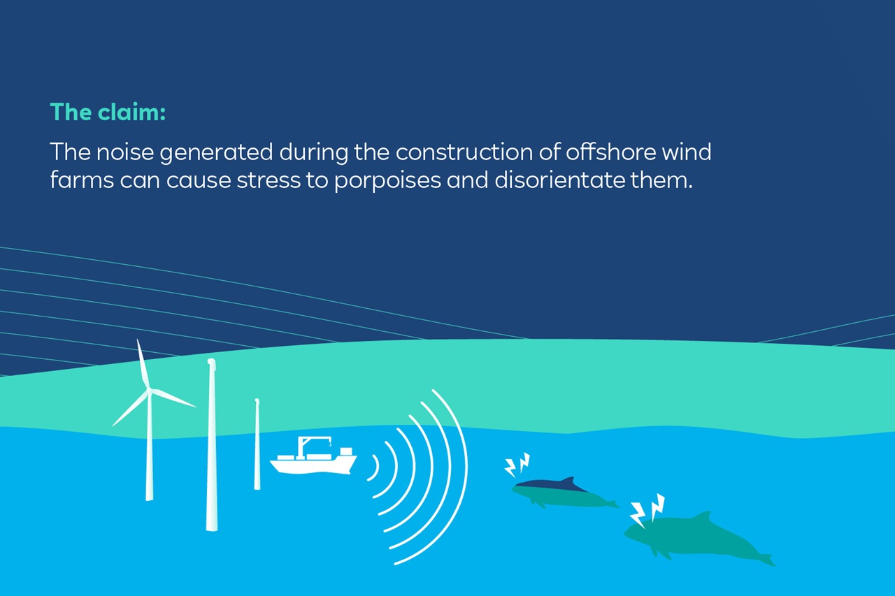 An illustration depicting offshore wind farms, a boat, and distressed porpoises affected by construction noise.