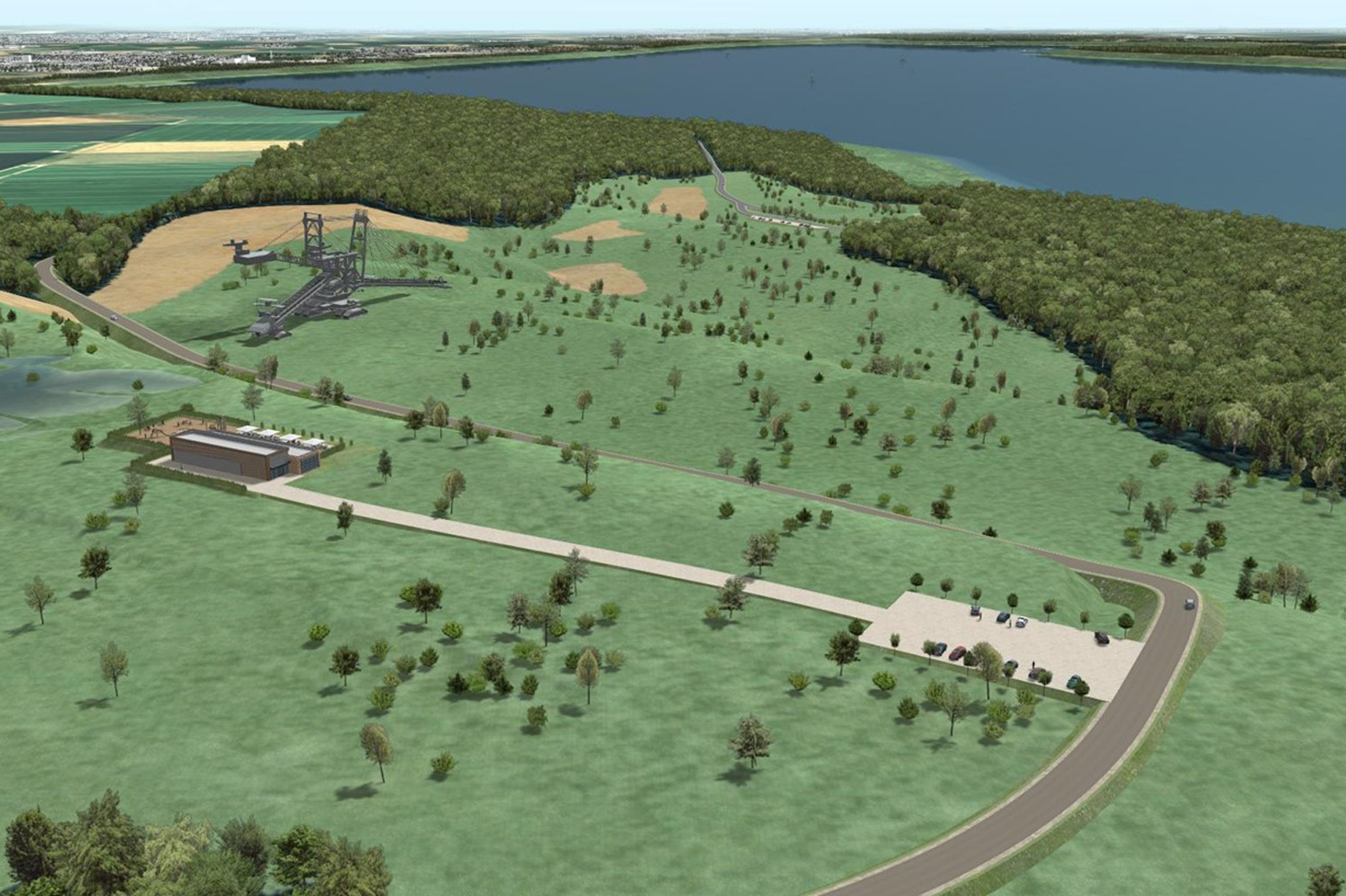 Eine Panoramasicht auf eine landschaftlich gestaltete Fläche mit einem See, Grünflächen und einer großen Maschinenstruktur.