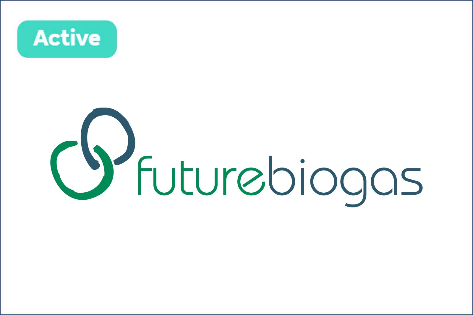 The logo of Future Biogas, featuring interconnected circles and the text 'futurebiogas' in a modern font. A teal 'Active' badge is included.