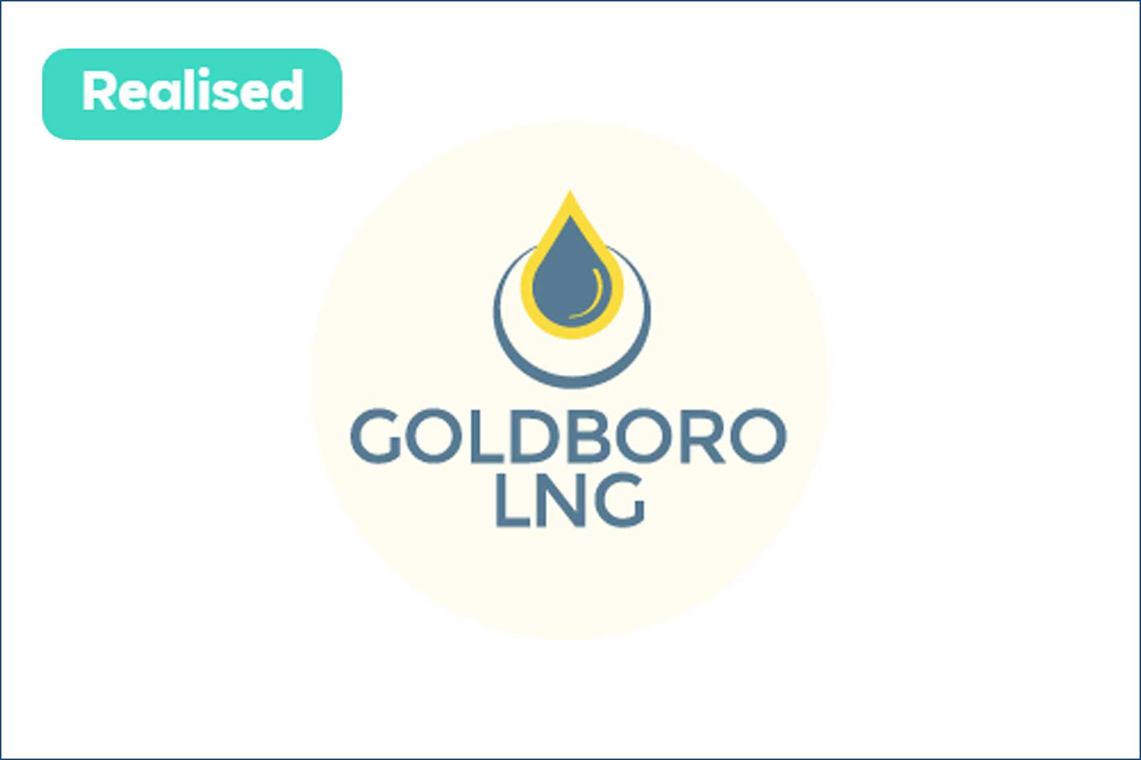 Logo of Goldboro LNG featuring a water droplet and the text 'GOLDBORO LNG'. The background is light with a green label saying 'Realised'.