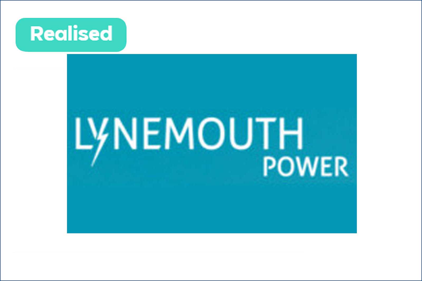 Lynemouth Power logo displayed on a turquoise background, featuring a lightning bolt integrated with the text.