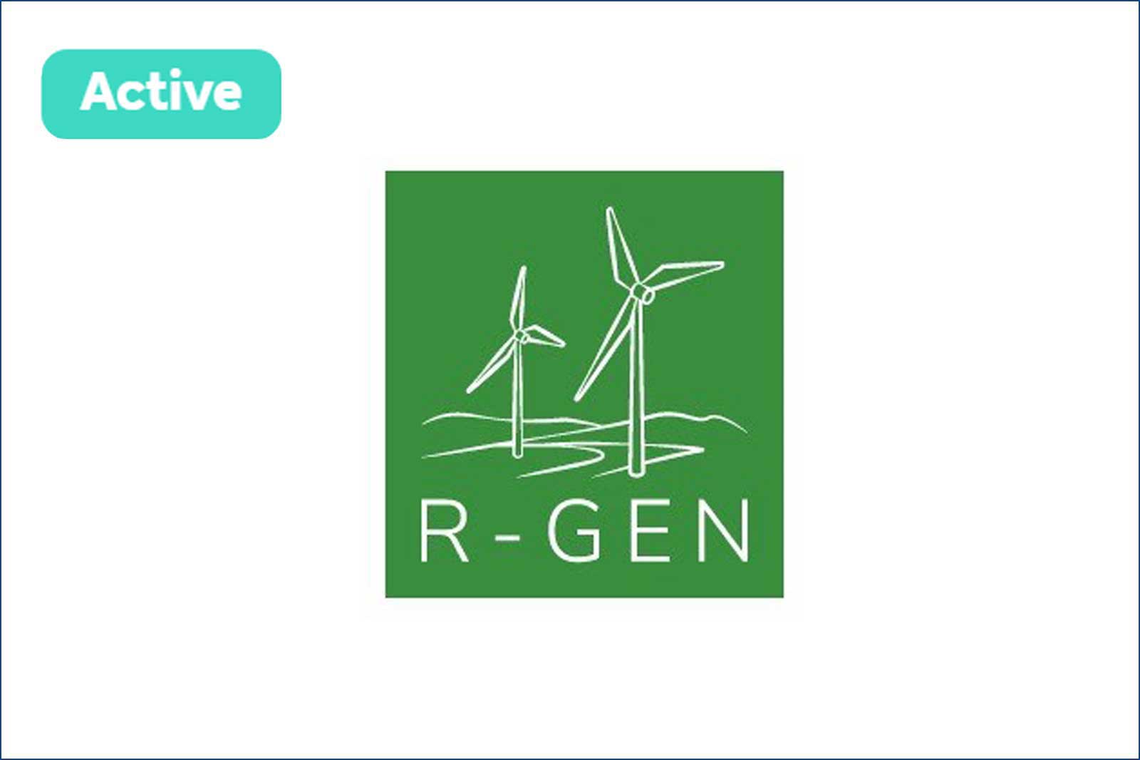 A green logo featuring two wind turbines with the text 'R-GEN' at the bottom in white.
