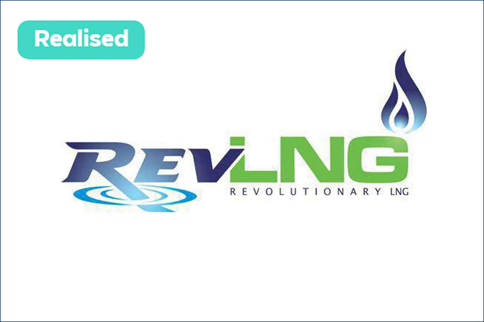 Logo of ReVLNG, featuring stylised text with blue and green colours, and a flame icon representing LNG.
