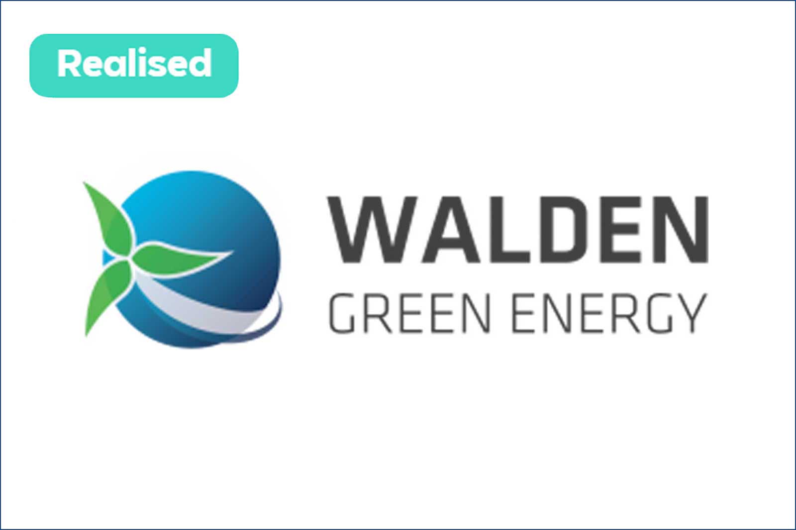 Logo of Walden Green Energy featuring a blue globe and green leaves, with the word 'Realised' above.