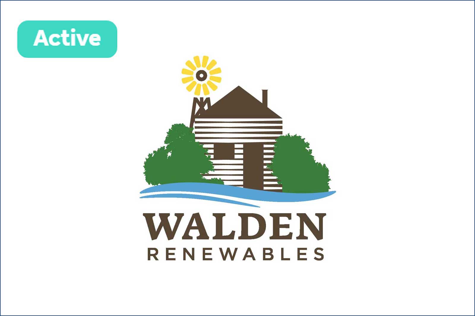 A logo featuring a brown striped house with green bushes, a sun, and blue waves, labelled 'Walden Renewables'.