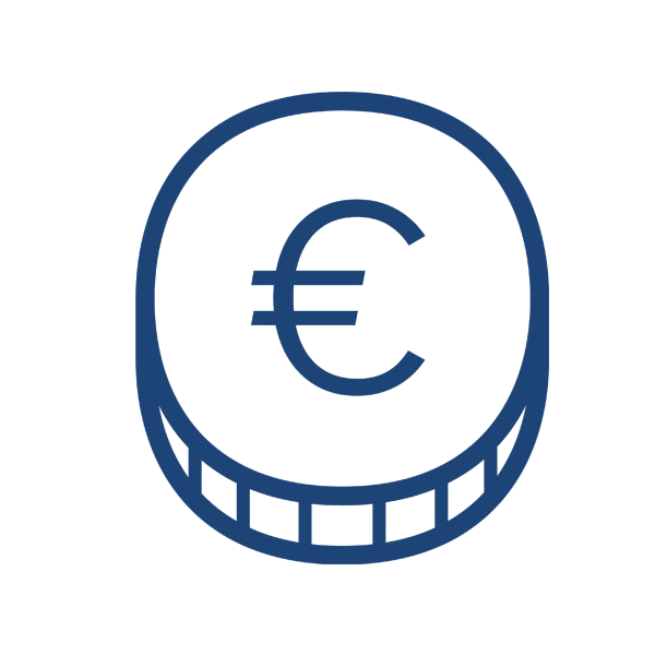 A stylised blue icon of a coin featuring the euro symbol in the centre.