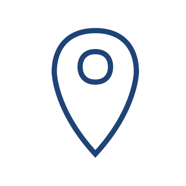 A simple blue map pin icon featuring a rounded top and a central circle, symbolising location or navigation.