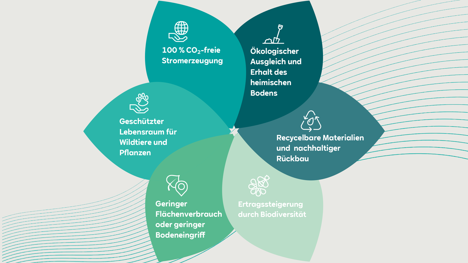 Sechs grüne Blätter stellen verschiedene umweltfreundliche Initiativen dar, darunter CO2-freie Energie und Biodiversität.