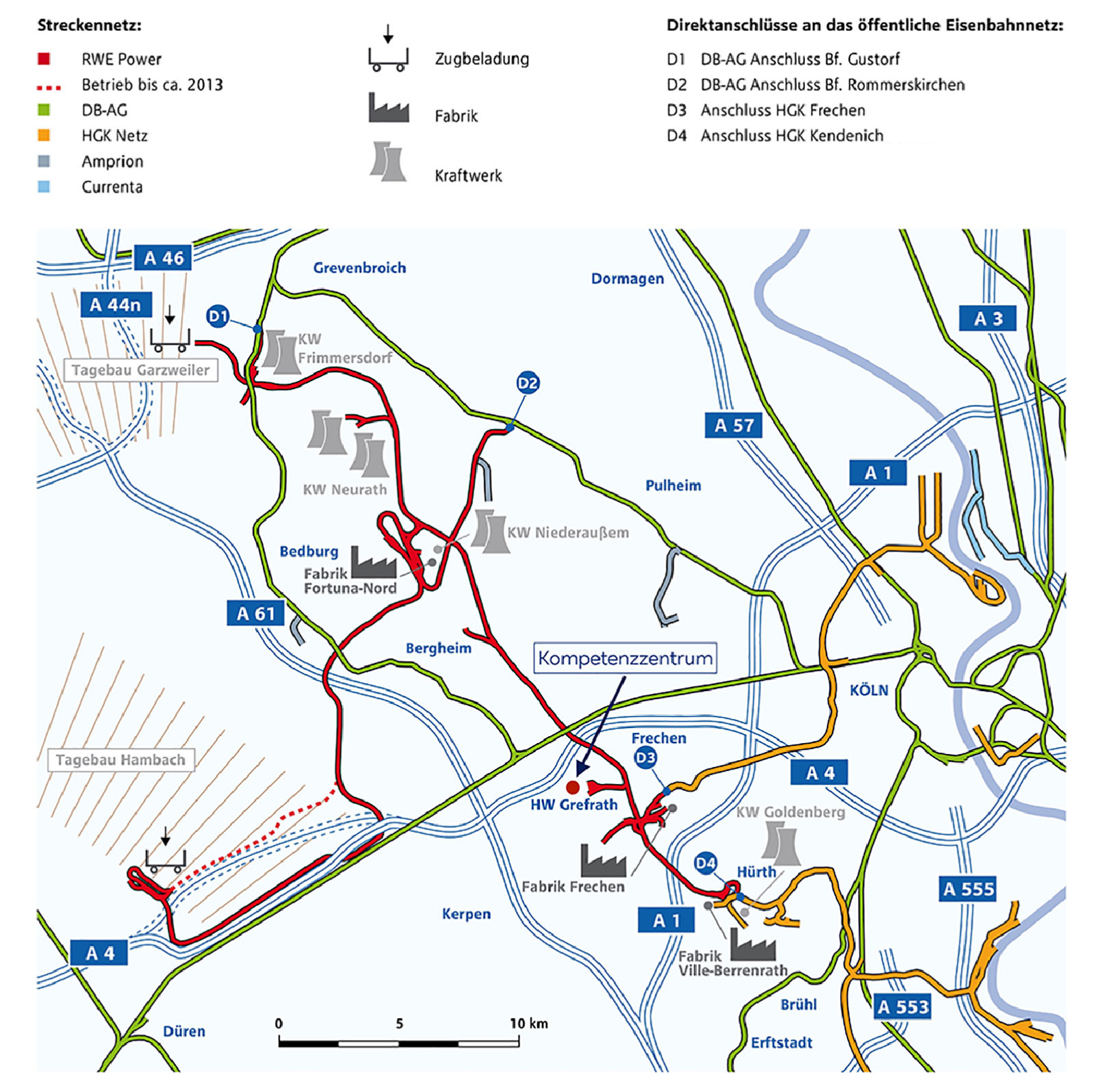 Eine detaillierte Karte, die verschiedene Routen, Fabriken und Kraftwerke im Gebiet Garzweiler zeigt, einschließlich Verbindungen zum öffentlichen Verkehr.