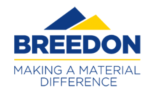 Fettes blaues Logo „BREEDON“ mit zwei überlappenden Dreiecksformen in Dunkelblau und Gelb, einer dünnen gelben Linie und dem Slogan „MAKING A MATERIAL DIFFERENCE“.