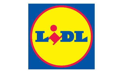 Helles gelbes rundes Logo mit rotem Rand in einem blauen Quadrat, mittig blaue Buchstaben „LIDL“ mit rotem Diamantakzent.