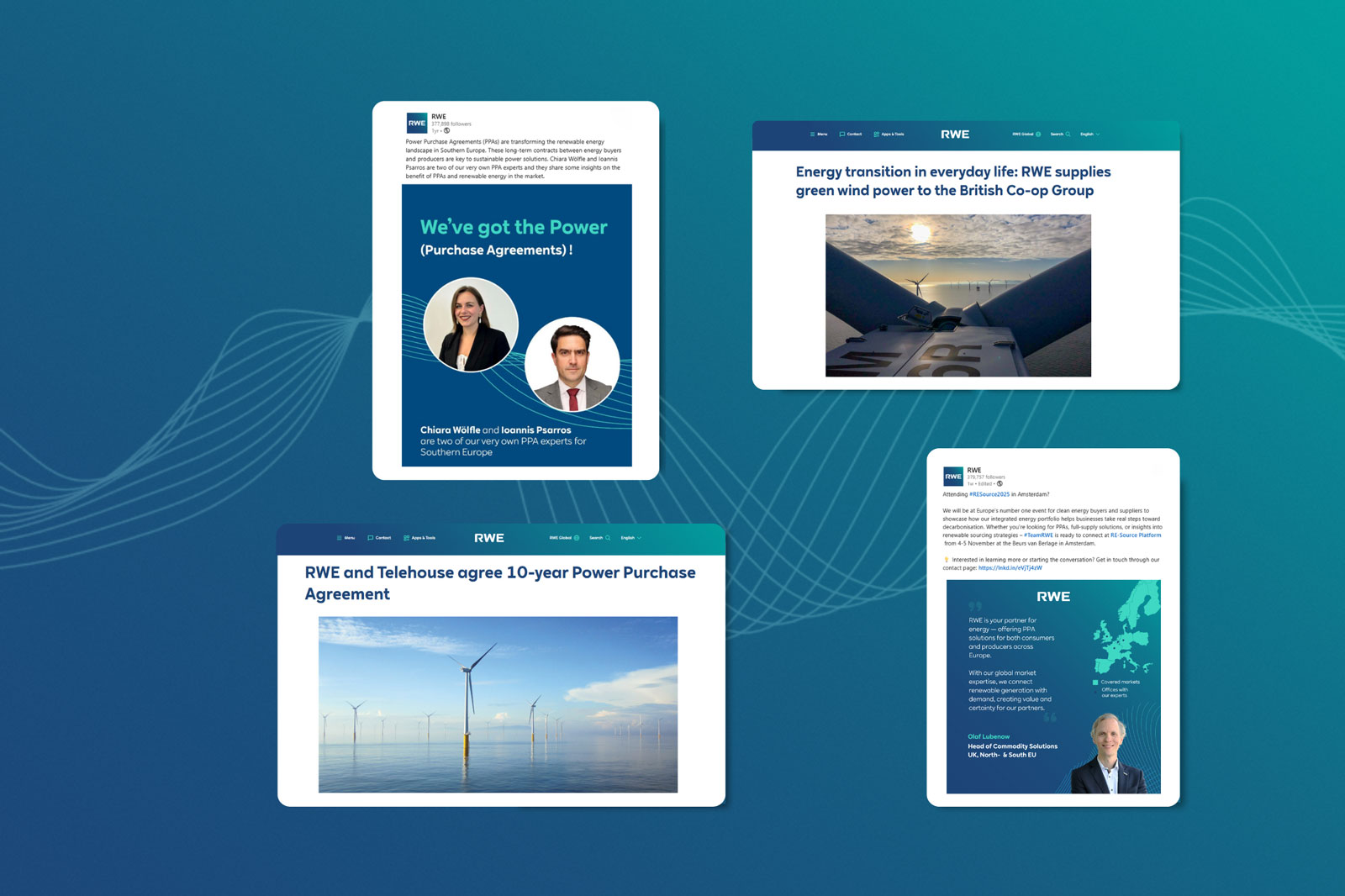 Four web pages showcasing RWE's renewable energy supply, focusing on wind power and purchase agreements.