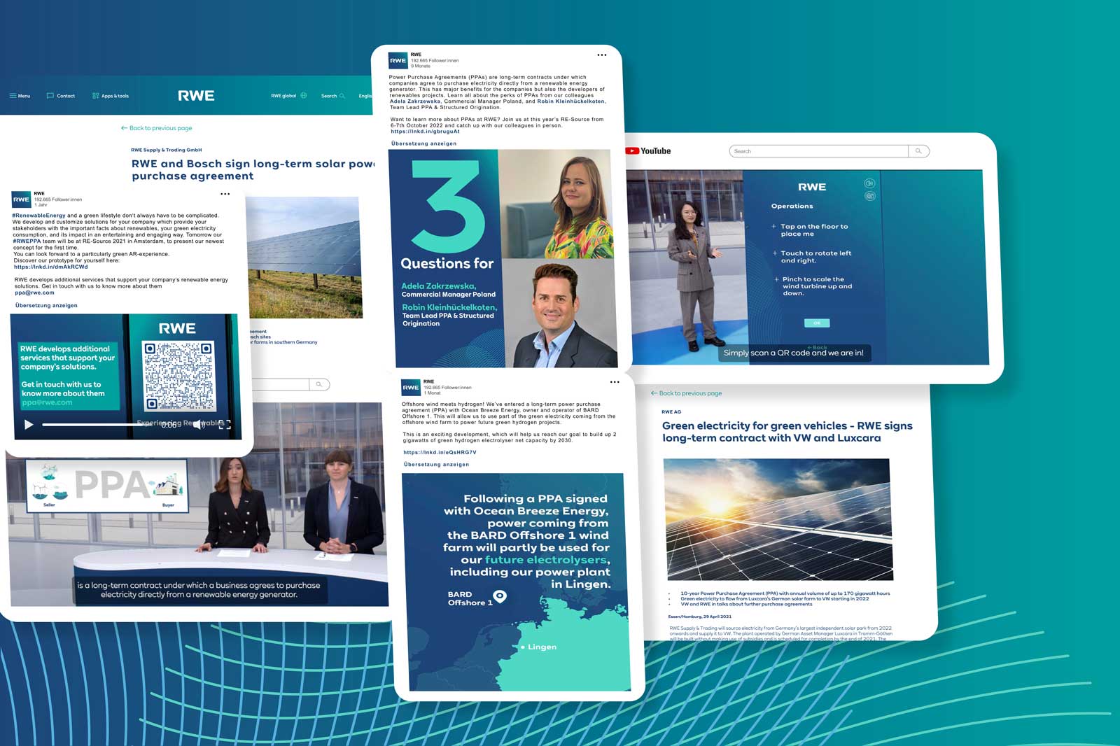 RWE and Bosch sign a long-term solar power purchase agreement. Various RWE content screenshots are displayed.