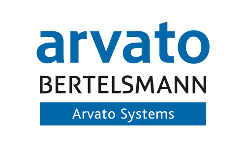Logo von Arvato Bertelsmann mit dem Schriftzug 'Arvato Systems'. Blau und Schwarz auf weiss.