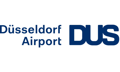Logo des Düsseldorfer Flughafens mit den Worten 'Düsseldorf Airport' und der Abkürzung 'DUS'.