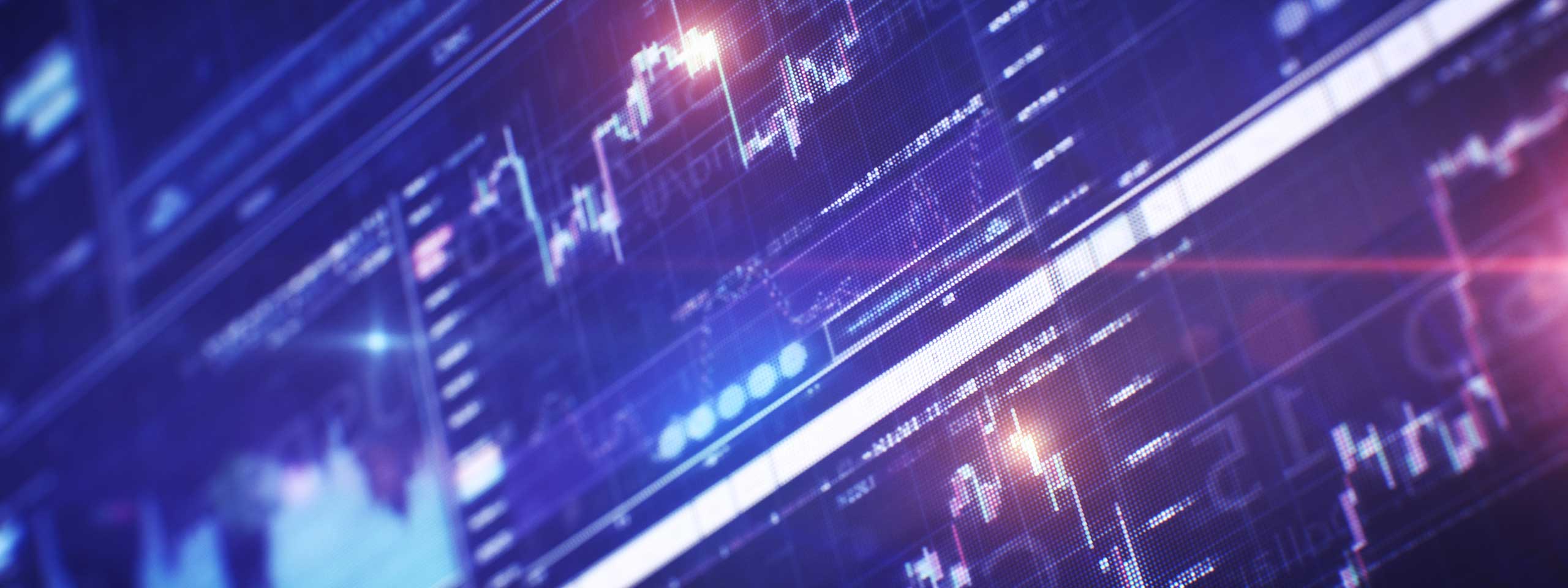 Grafiken und Daten auf einem Finanzmarktdiagramm in lebhaften Farben mit leuchtenden Linien und Punkten.