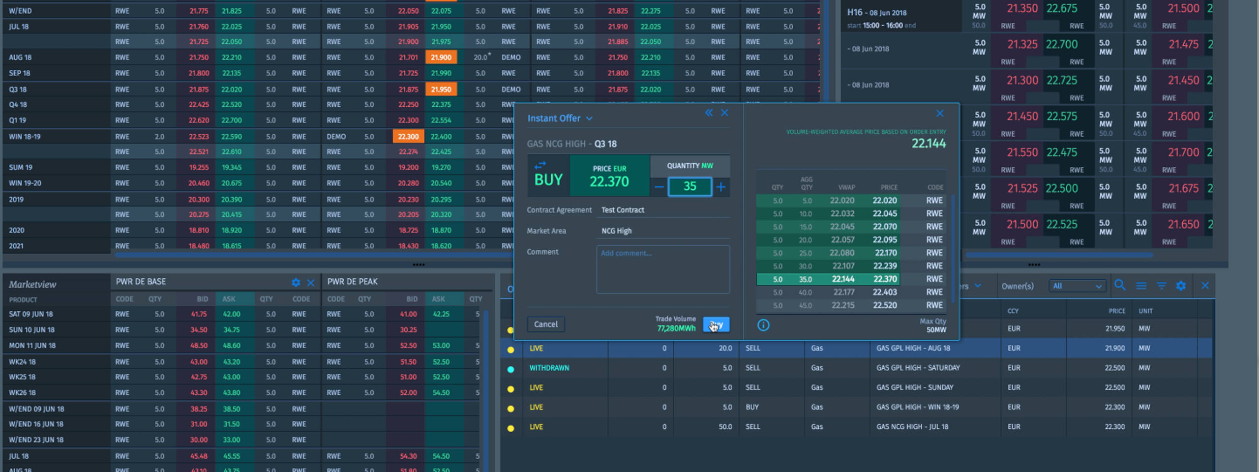 Screenshot einer Handelsplattform mit Preisangeboten und Aufträgen für verschiedene Energieprodukte.