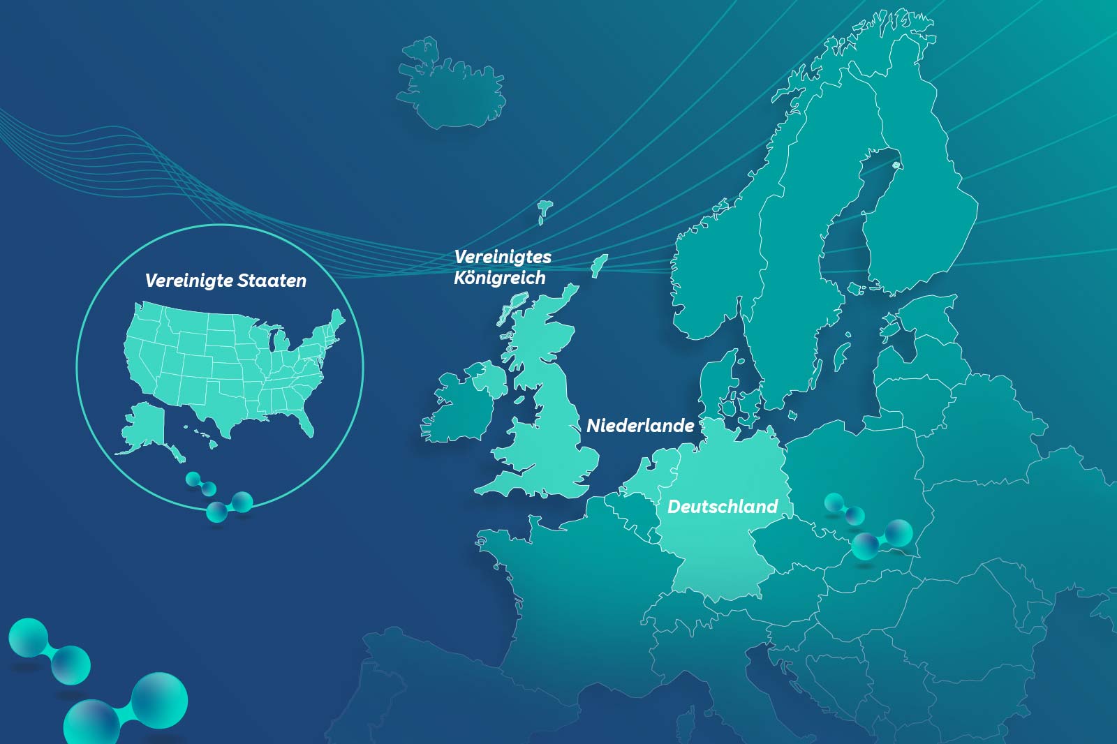 Eine digitale Karte von Europa und den USA mit geografischen Markierungen für Deutschland, die Niederlande, das Vereinigte Königreich und die Vereinigten Staaten.