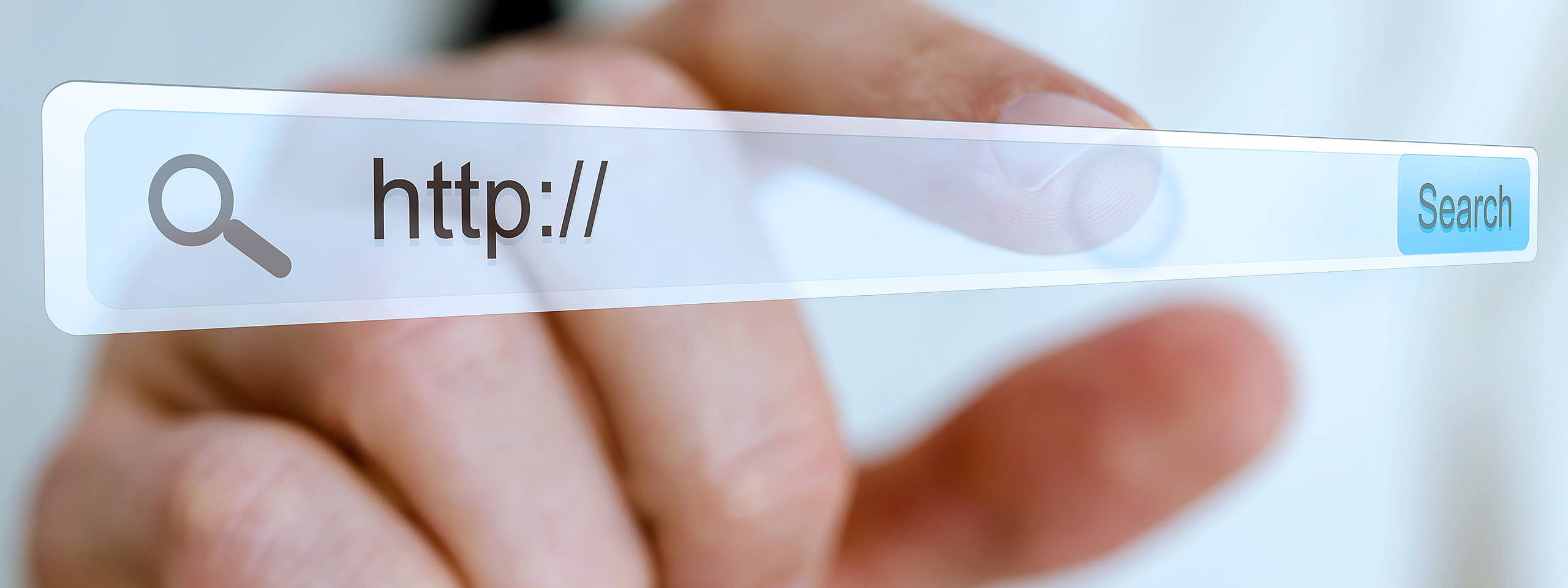 A finger points at a transparent search bar displaying 'http://' with a search button.