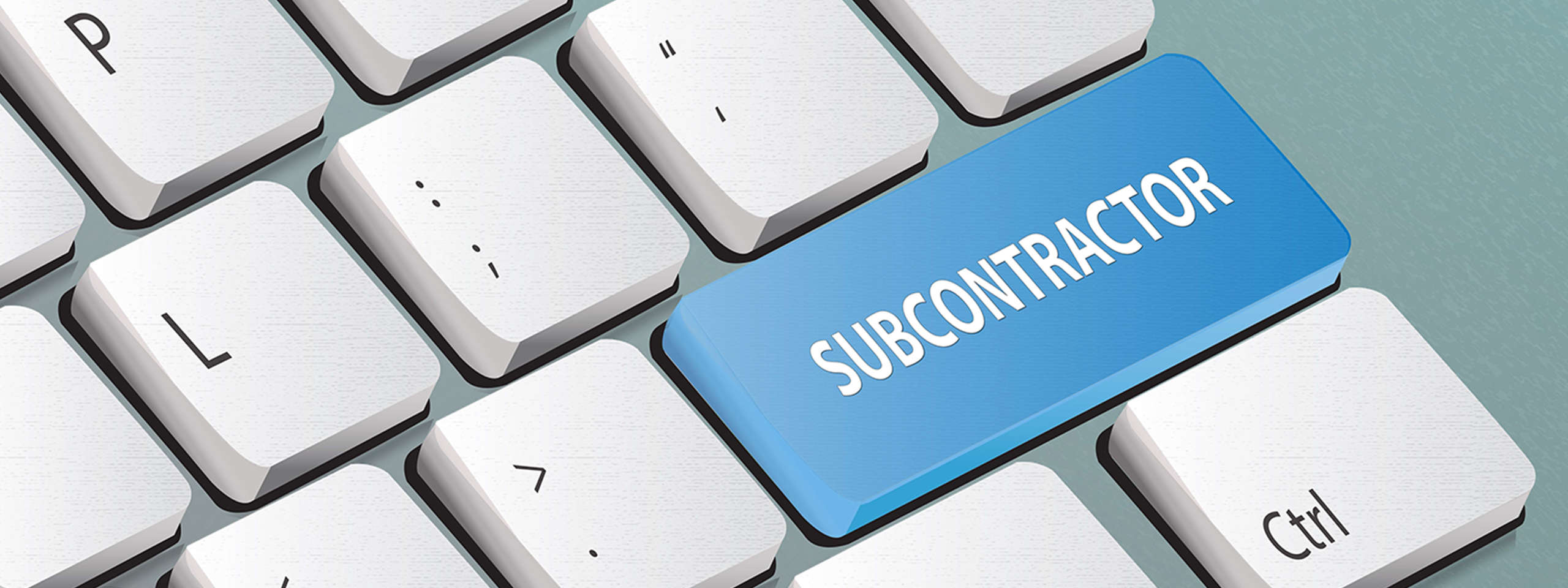 Eine Nahaufnahme einer Tastatur mit einer auffälligen blauen Taste mit der Beschriftung 'SUBCONTRACTOR'.