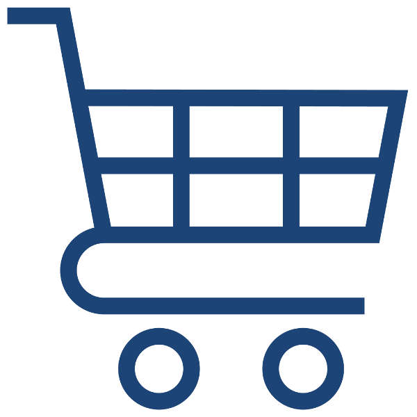 A blue shopping cart with two wheels and a grid basket, depicted in a simple design.