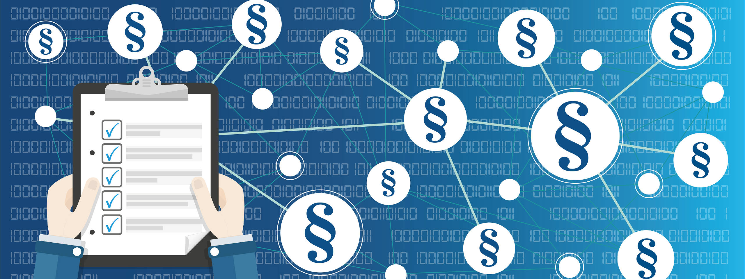 A hand holds a clipboard with a checklist, surrounded by paragraph symbols and binary code.