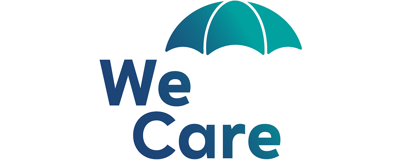 A logo with the text 'We Care' in blue, accompanied by a teal umbrella graphic above it.