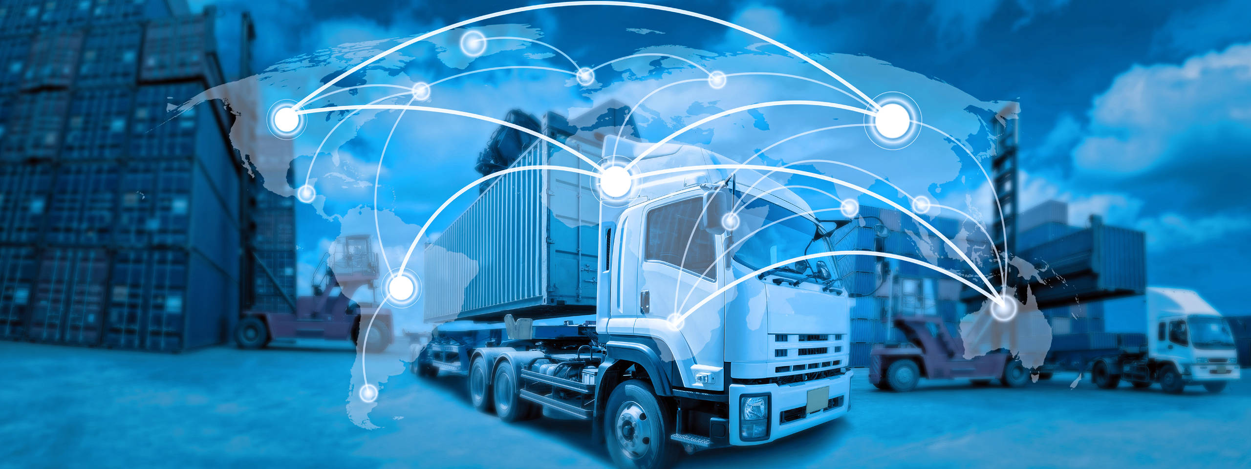 A truck with containers is parked at a dock. A network of connections is depicted over a world map.