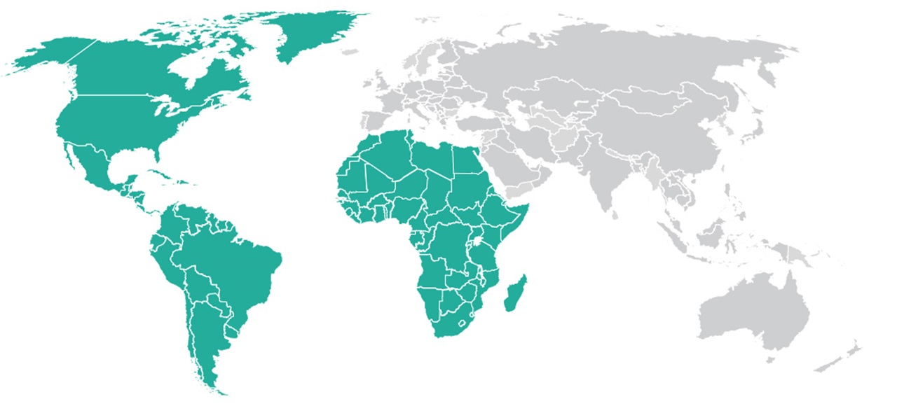 Weltkarte mit hervorgehobenen Ländern in Nord- und Südamerika sowie Afrika. Der Rest der Welt ist grau dargestellt.