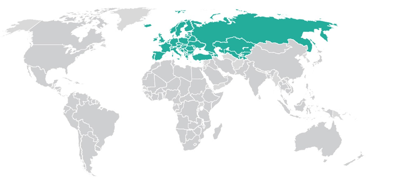 Karte der Welt mit Europa und Asien in Türkis hervorgehoben.