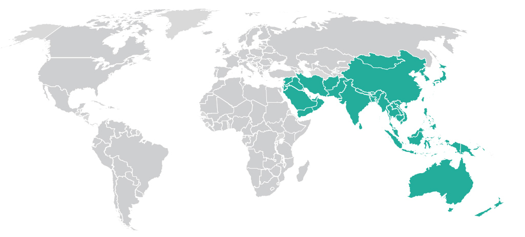 Eine Weltkarte, die Asien und Ozeanien in grüner Farbe hervorhebt. Der Rest der Karte ist in Grau.