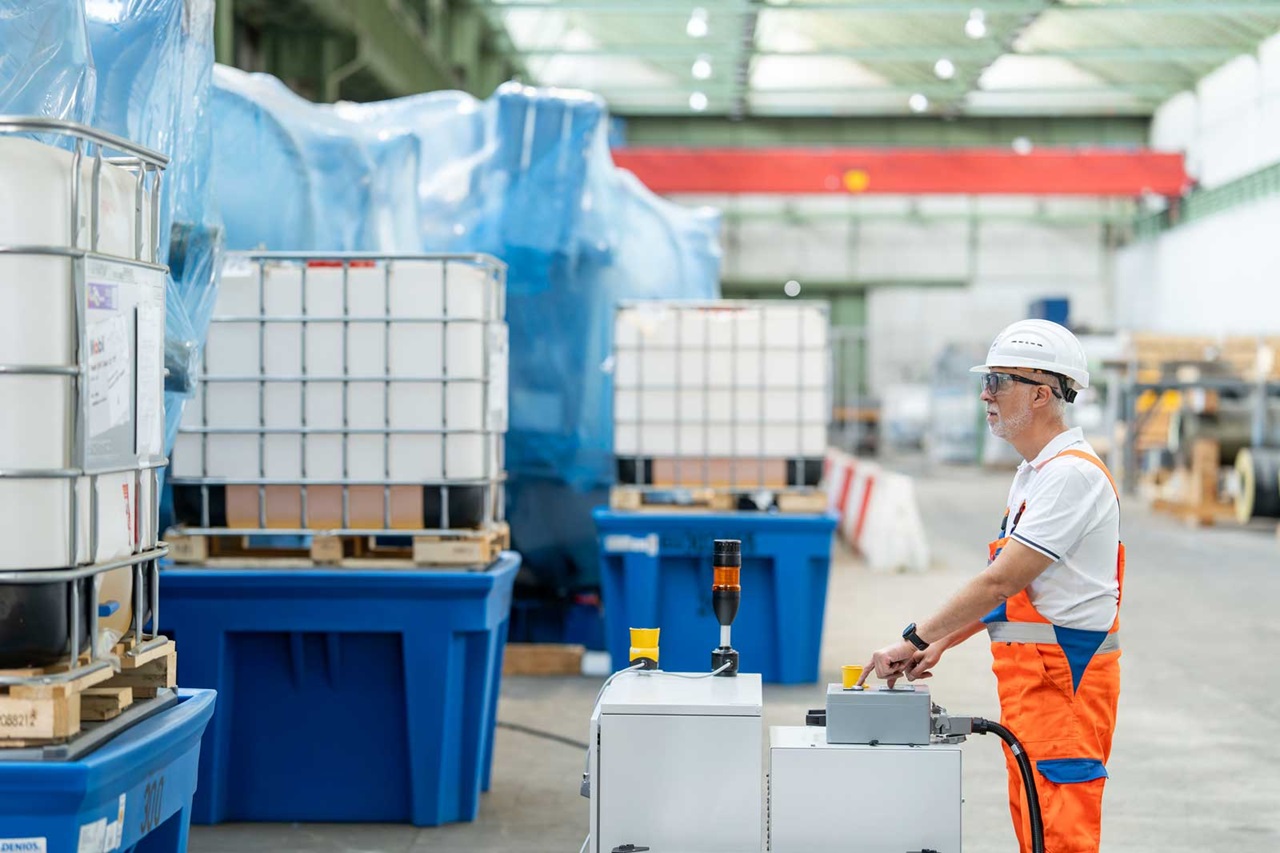 A worker in a safety helmet operates machinery in a warehouse filled with stacked containers and equipment.
