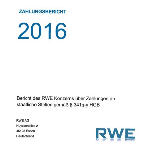 Zahlungsbericht 2016 der RWE AG über Zahlungen an staatliche Stellen, einschließlich Adresse und rechtliche Hinweise.