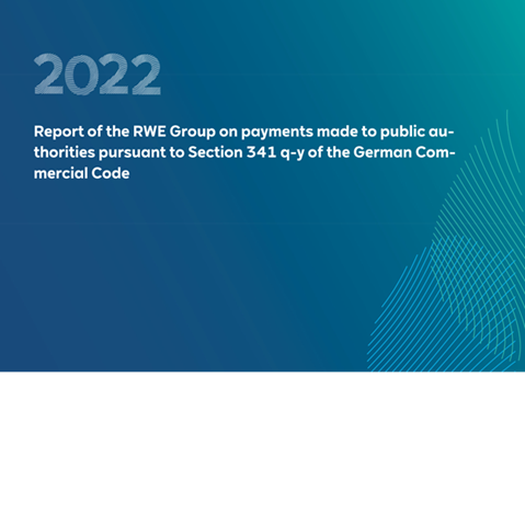 A report cover for 2022 detailing RWE Group's payments to public authorities under German Commercial Code Section 341 q-y.