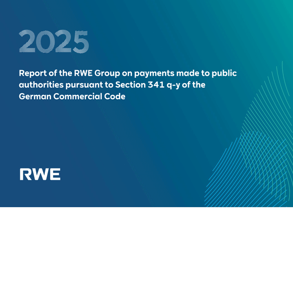 Blue-green gradient cover with large faint "2025" numerals, the white title "Report of the RWE Group on payments made to public authorities pursuant to Section 341 q-y of the German Commercial Code", a white "RWE" logo, and a curved white line pattern on the right.