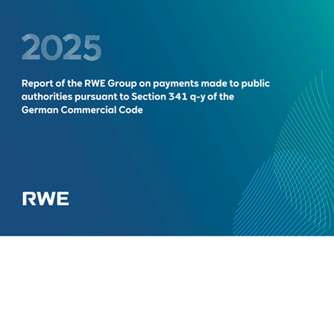 Blue-green gradient cover with large faint "2025" numerals, the white title "Report of the RWE Group on payments made to public authorities pursuant to Section 341 q-y of the German Commercial Code", a white "RWE" logo, and a curved white line pattern on the right.