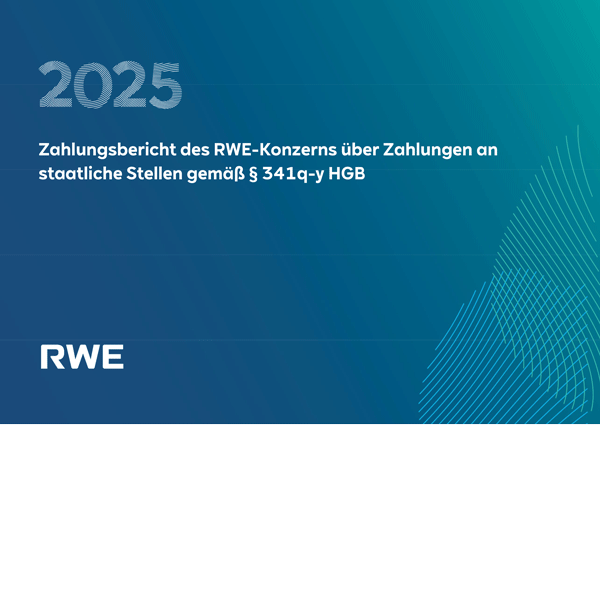 Blau-grüner Hintergrund mit weißem Titel „2025“, Text „Zahlungsbericht des RWE-Konzerns über Zahlungen an staatliche Stellen gemäß § 341q-y HGB“ und weißem RWE-Logo unten links.