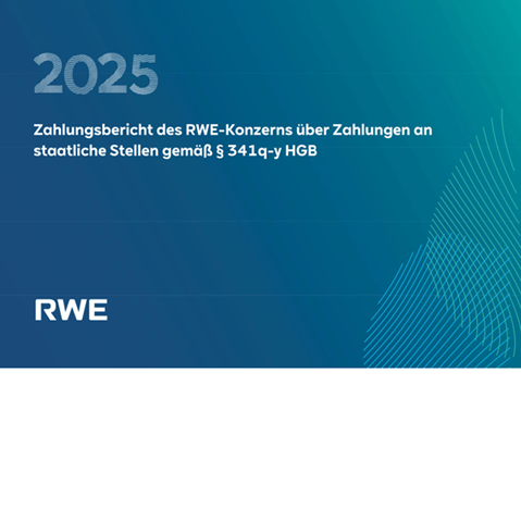 Blau-grüner Hintergrund mit weißem Titel „2025“, Text „Zahlungsbericht des RWE-Konzerns über Zahlungen an staatliche Stellen gemäß § 341q-y HGB“ und weißem RWE-Logo unten links.