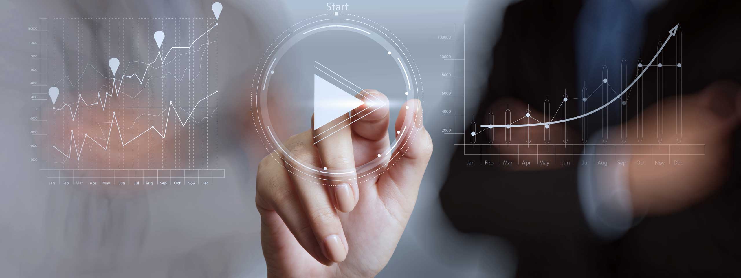 A hand taps on a graphic interface featuring charts and a play button, illustrating progress and time.