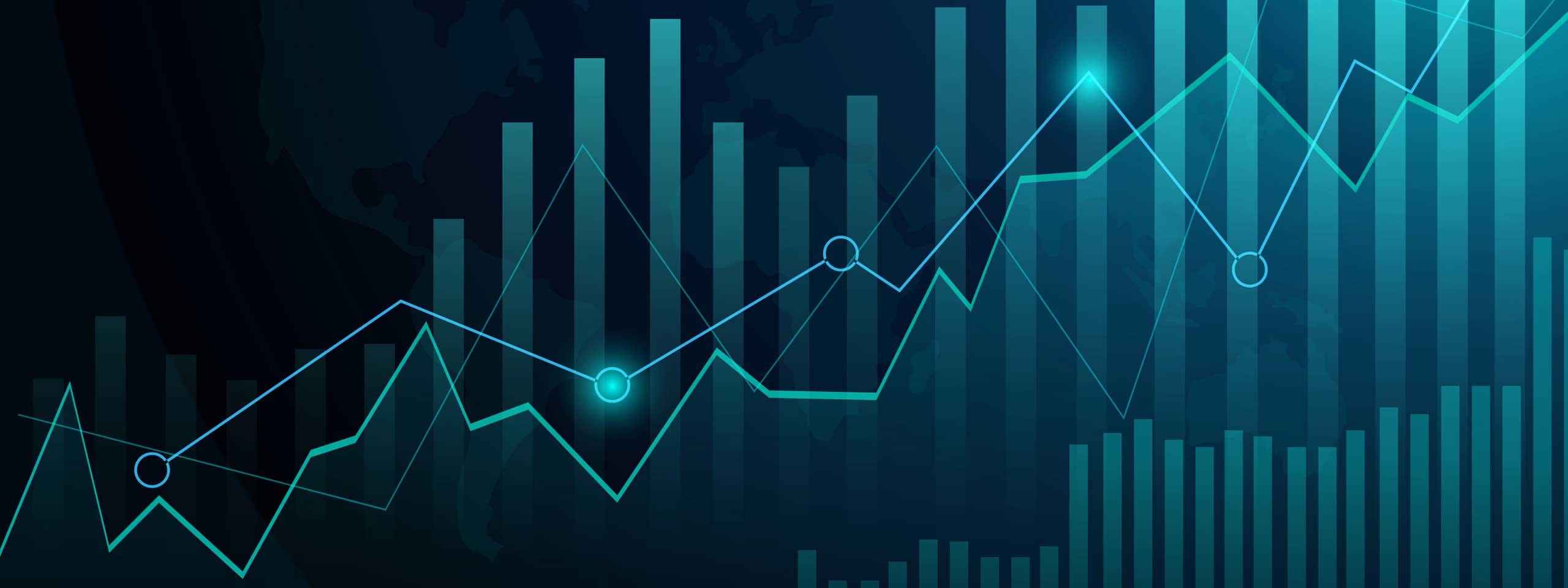 Abstrakte Grafik, die Datentrends mit blauen Liniendiagrammen und Balkendiagrammen vor einem dunklen Hintergrund veranschaulicht.