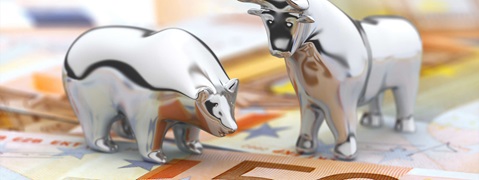 Eine silberne Bär- und Stierfigur stehen auf Euroscheinen. Symbol für Finanzmärkte.